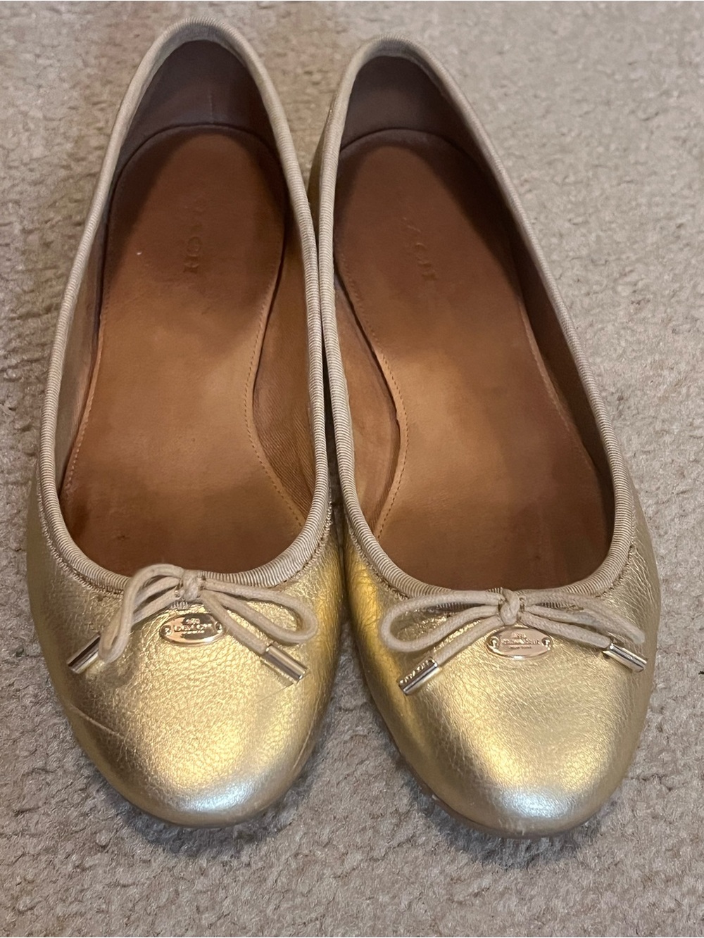 Coach Metallic Gold Leather Ballet Flats with Bow Trim